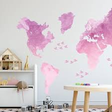 Kids Pink World Maps With Little Fishes