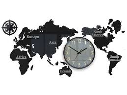Large Wall Clock World Map Black