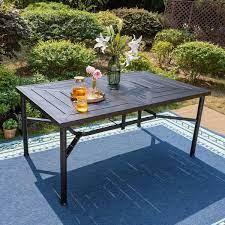 Phi Villa Black 7 Piece Metal Patio Outdoor Dining Set With Rectangle Table And Rattan Chairs With Beige Cushion