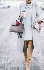 Thigh high boots with a gorgeous pale blue maxi coat and a cute cable knit sweater dress. 20 Sexy And Comfy Sweater Dress With Boots Outfits Styleoholic