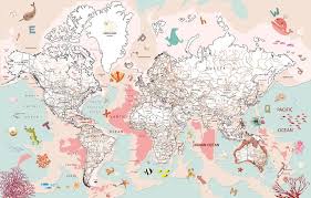 Pink Political World Map With Animals