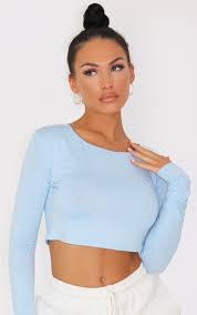 Basic Baby Blue Jersey Long Sleeve Crop Top Prettylittlething Usa
