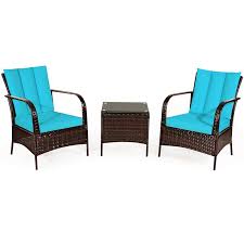 Costway 3 Piece Patio Wicker Rattan Furniture Set Coffee Table 2 Rattan Chair W Cushions Turquoise