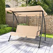 2 Seat Outdoor Convertible Swing Chair With Flat Bed And Adjustable Canopy Beige Costway