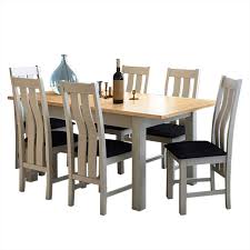 Wooden contemporary dining tables with extending table & chair sets. Padstow Stone Grey Ext Dining Set 6 X Chairs Roseland Furniture