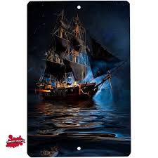 Pirate Ship In The Night Metal Sign