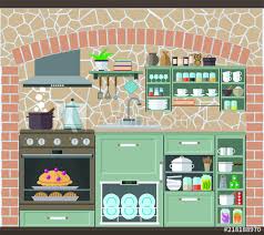 Keep in mind, that even after you communicate comfort, the space has to be functional. Cozy Kitchen With Lots Of Kitchen Utensils Cabinets And Stone Wall In The Background Vector Illustration Set Buy This Stock Vector And Explore Similar Vectors At Adobe Stock Adobe Stock
