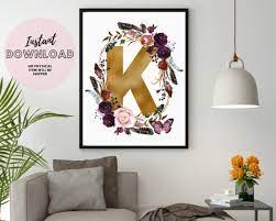 Initial Wall Art Flower Letter K Gold