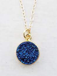gold round bezel druzy necklace blue